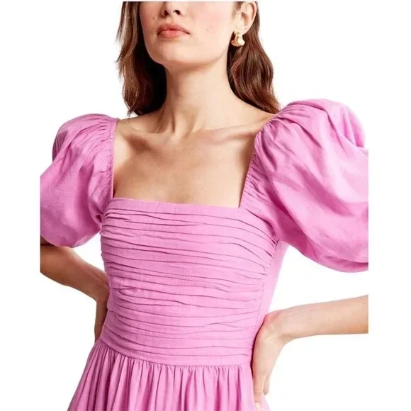 Abercrombie & Fitch Emerson Linen-Blend Puff Sleeve Midi Dress in Pink Size L - Picture 6 of 16